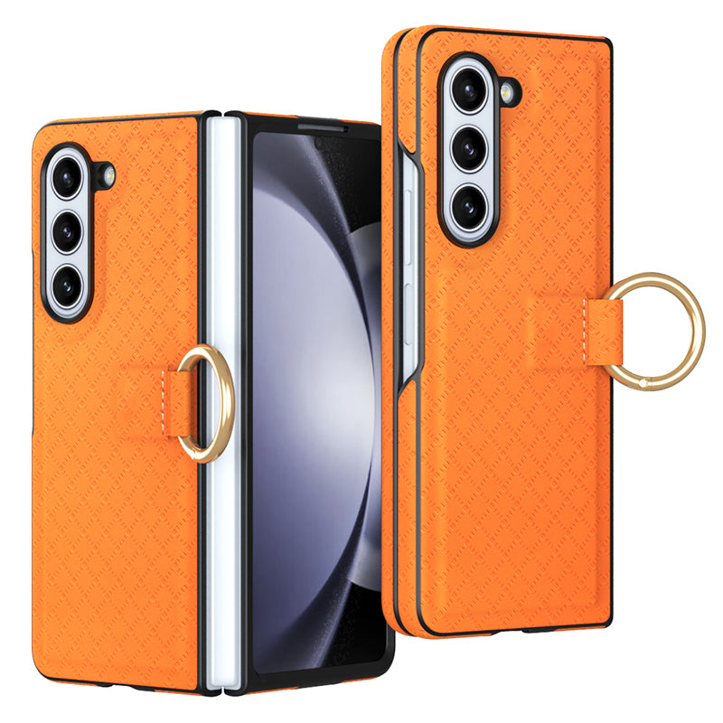 GKK Anti-Drop Phone Case for Samsung Galaxy Z Fold5 5G Grids Imprinted PU PC Phone Cover with Ring Finger Holder GKK Anti-Drop Phone Case for Samsung Galaxy Z Fold5 5G Grids Imprinted PU PC Phone Cover with Ring Finger Holder